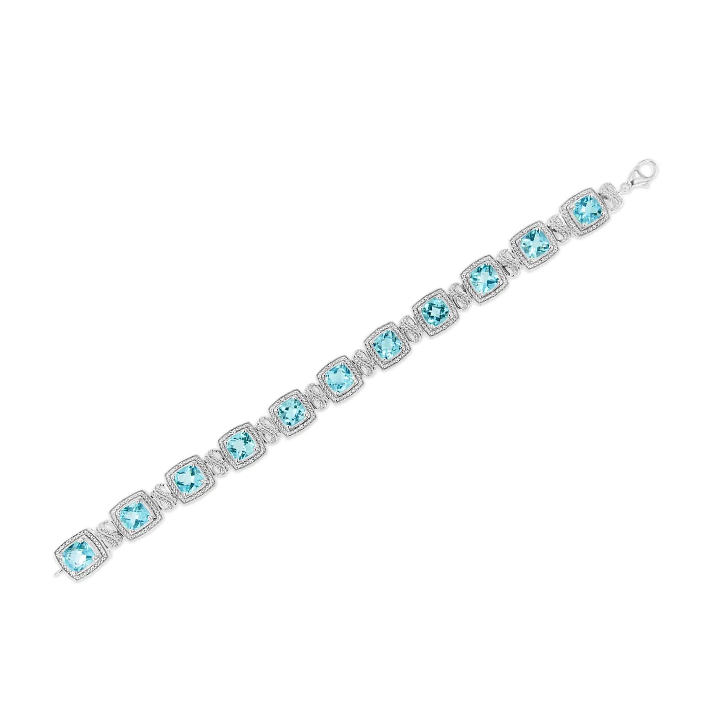 .925 Sterling Silver 7x7 mm Cushion Cut Blue Topaz and 1/10 Ctw Single Cut Diamond Square Shape Tennis Bracelet (I-J Color, I1-I2 Clarity) - 7" - Hydration Tribe LLC