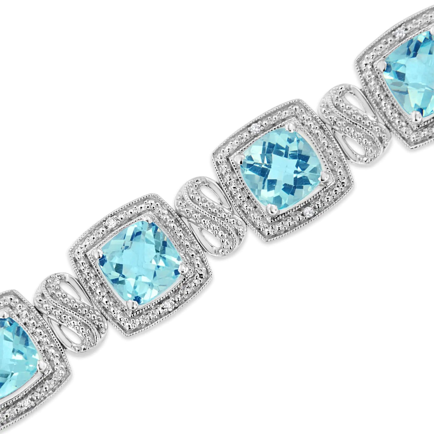 .925 Sterling Silver 7x7 mm Cushion Cut Blue Topaz and 1/10 Ctw Single Cut Diamond Square Shape Tennis Bracelet (I-J Color, I1-I2 Clarity) - 7" - Hydration Tribe LLC