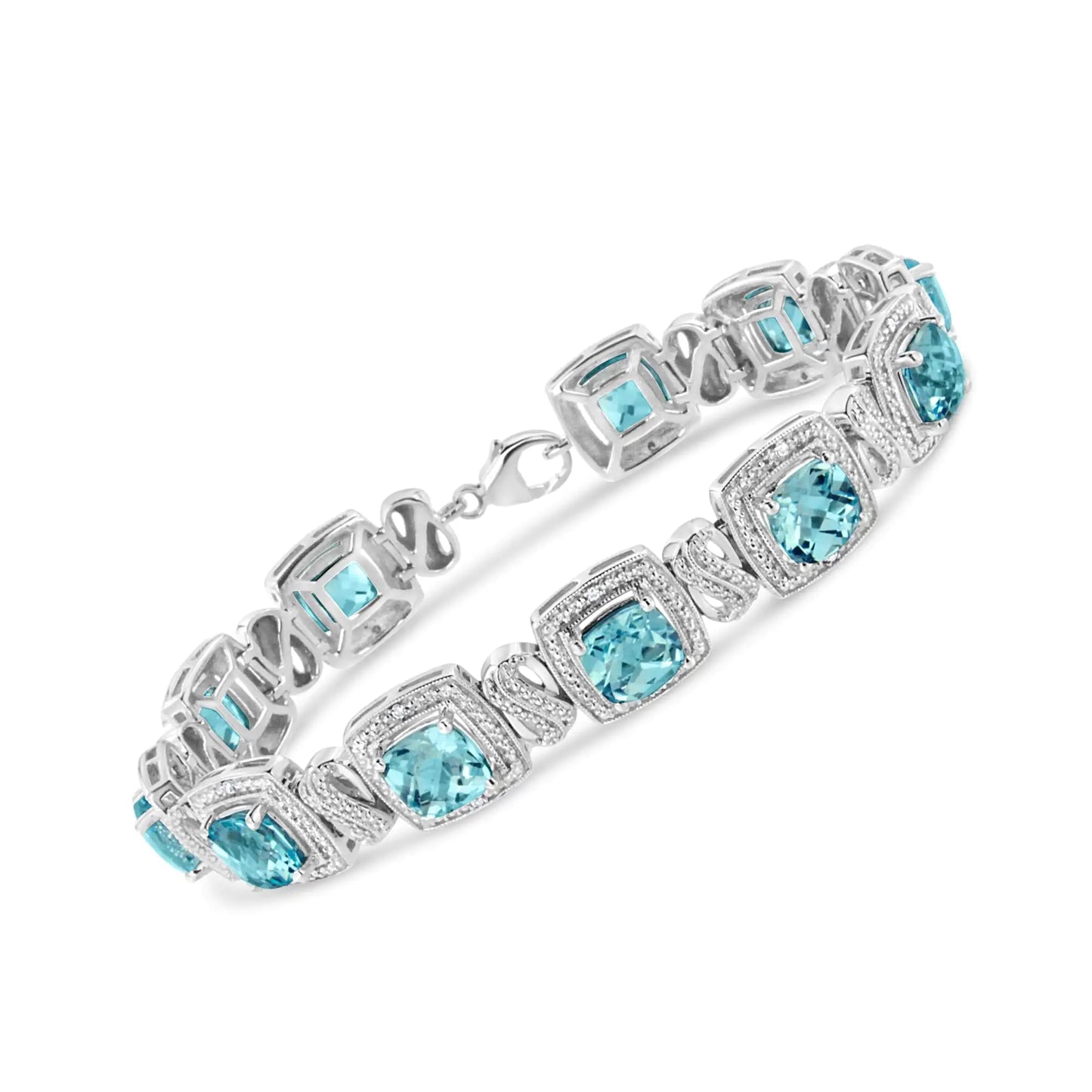 .925 Sterling Silver 7x7 mm Cushion Cut Blue Topaz and 1/10 Ctw Single Cut Diamond Square Shape Tennis Bracelet (I-J Color, I1-I2 Clarity) - 7" - Hydration Tribe LLC