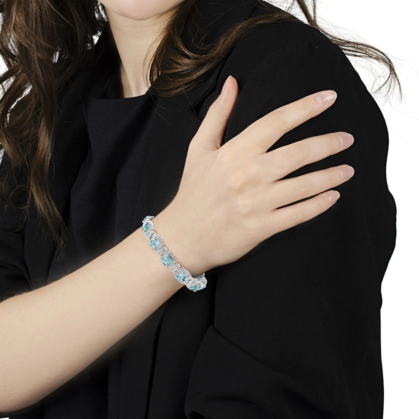 .925 Sterling Silver 7x7 mm Cushion Cut Blue Topaz and 1/10 Ctw Single Cut Diamond Square Shape Tennis Bracelet (I-J Color, I1-I2 Clarity) - 7" - Hydration Tribe LLC