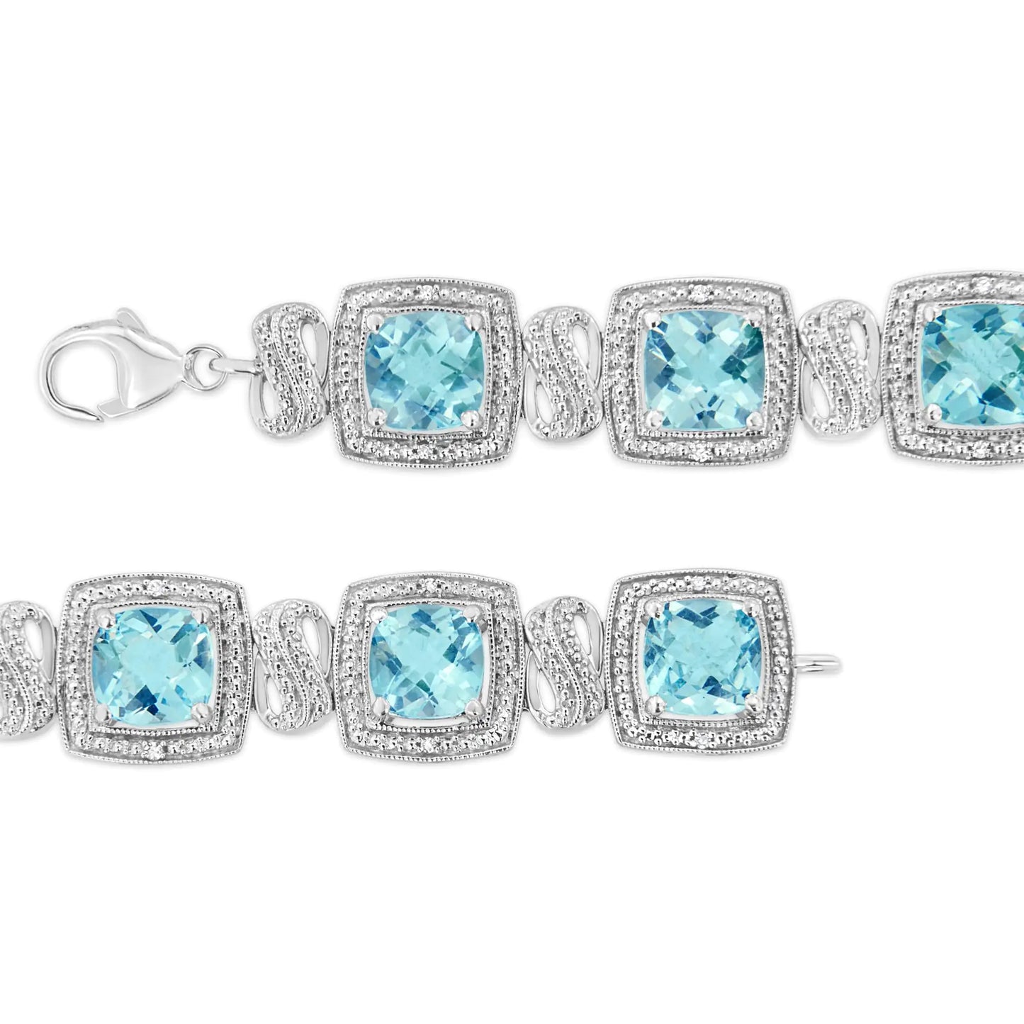 .925 Sterling Silver 7x7 mm Cushion Cut Blue Topaz and 1/10 Ctw Single Cut Diamond Square Shape Tennis Bracelet (I-J Color, I1-I2 Clarity) - 7" - Hydration Tribe LLC