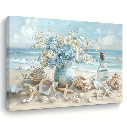 Blue Vase Floral Canvas Print, Shell And Ocean