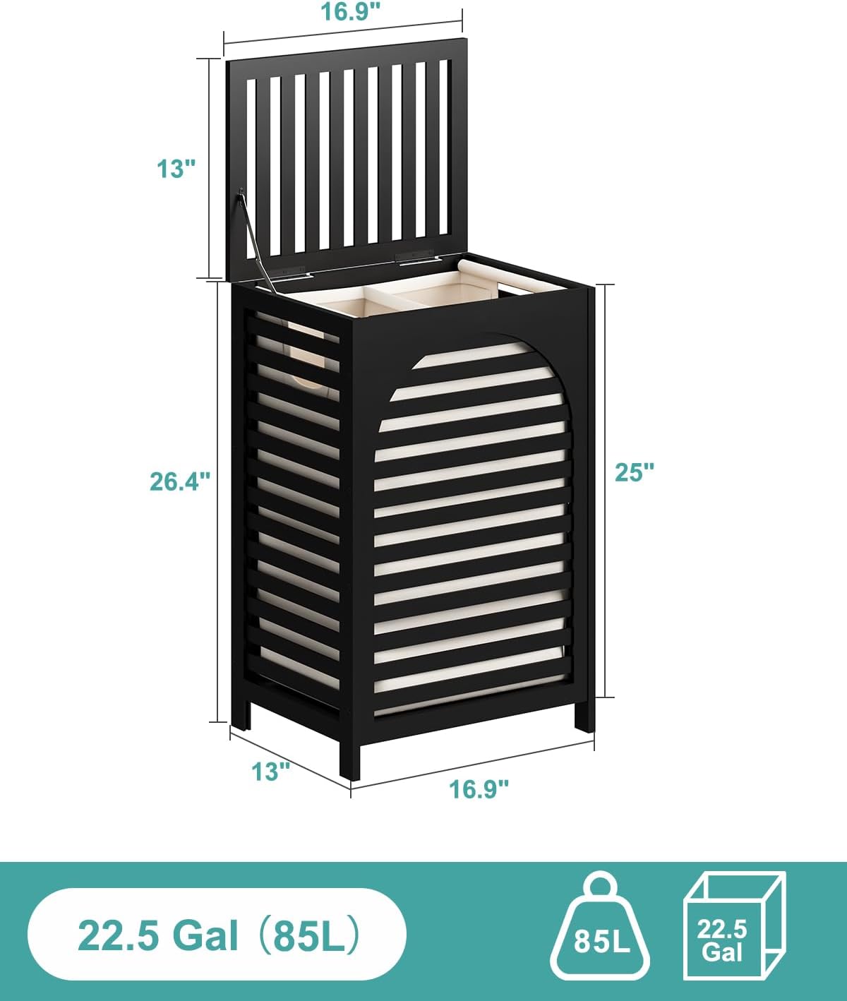 Black Laundry Hamper with Lid 22.5 Gallon (85L), Bamboo Wood - Hydration Tribe LLC