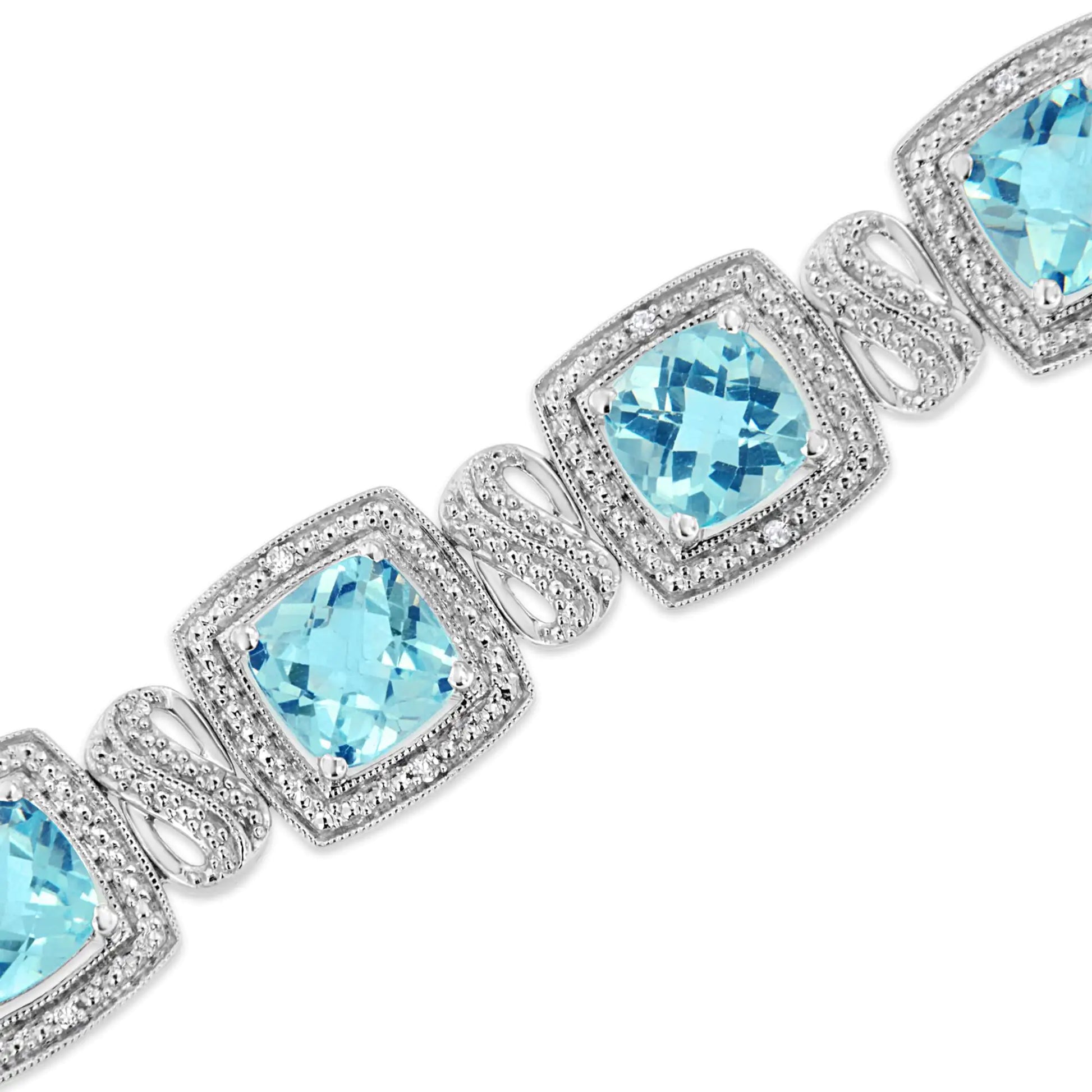 .925 Sterling Silver 7x7 mm Cushion Cut Blue Topaz and 1/10 Ctw Single Cut Diamond Square Shape Tennis Bracelet (I-J Color, I1-I2 Clarity) - 7" - Hydration Tribe LLC