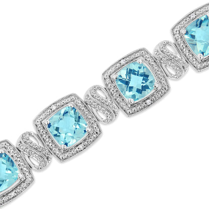 .925 Sterling Silver 7x7 mm Cushion Cut Blue Topaz and 1/10 Ctw Single Cut Diamond Square Shape Tennis Bracelet (I-J Color, I1-I2 Clarity) - 7" - Hydration Tribe LLC
