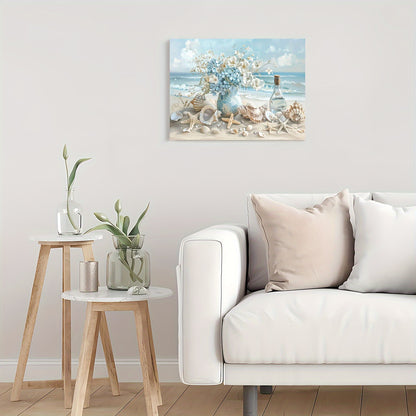 Blue Vase Floral Canvas Print, Shell And Ocean