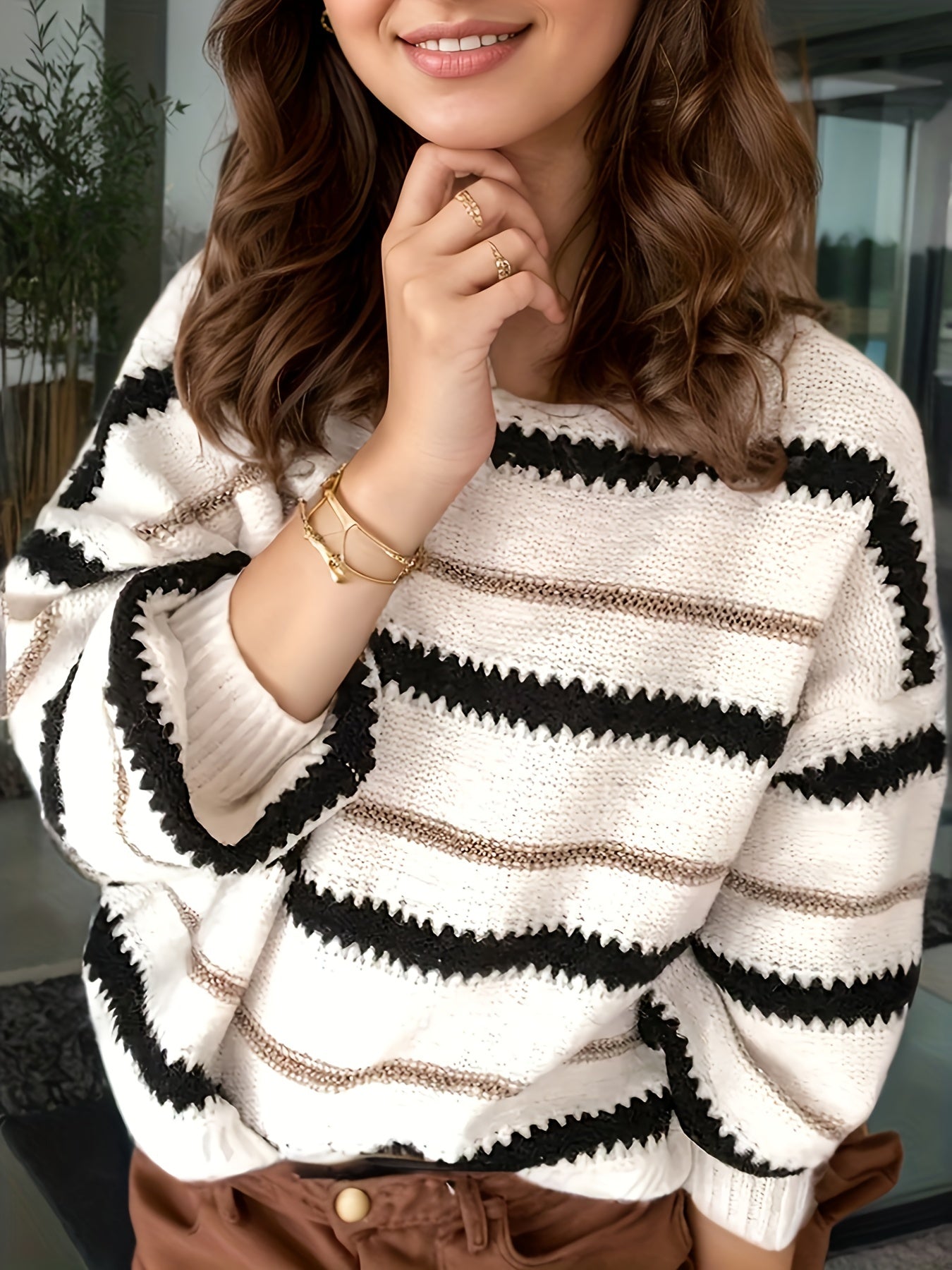 Women's Pullover, Striped Casual Long Sleeved Knitted Sweater