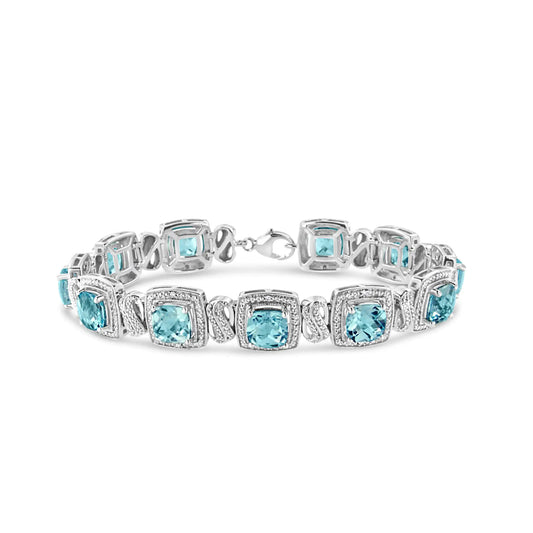 .925 Sterling Silver 7x7 mm Cushion Cut Blue Topaz and 1/10 Ctw Single Cut Diamond Square Shape Tennis Bracelet (I-J Color, I1-I2 Clarity) - 7" - Hydration Tribe LLC